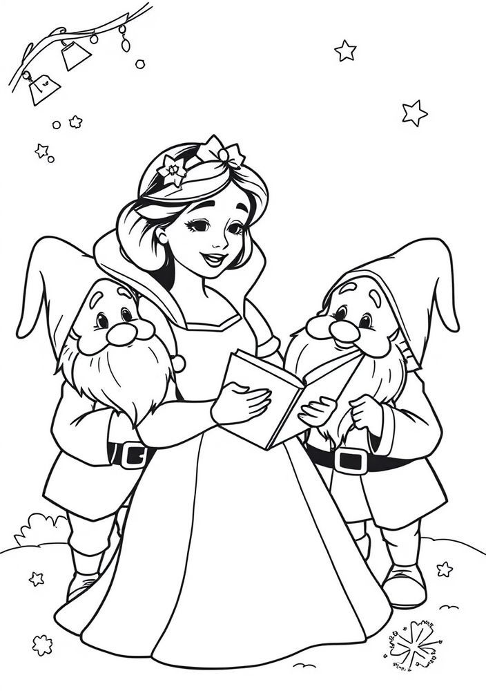 Desenho da Branca de Neve cantando com os sete anões para colorir