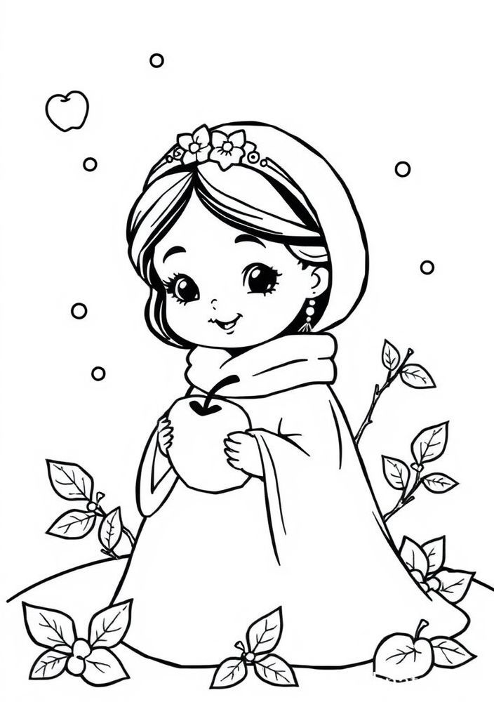 Desenho da Branca de Neve com maçã para colorir