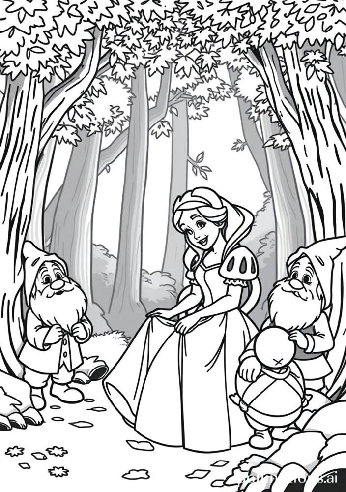 Desenho da Branca de Neve com os Sete Anões para colorir