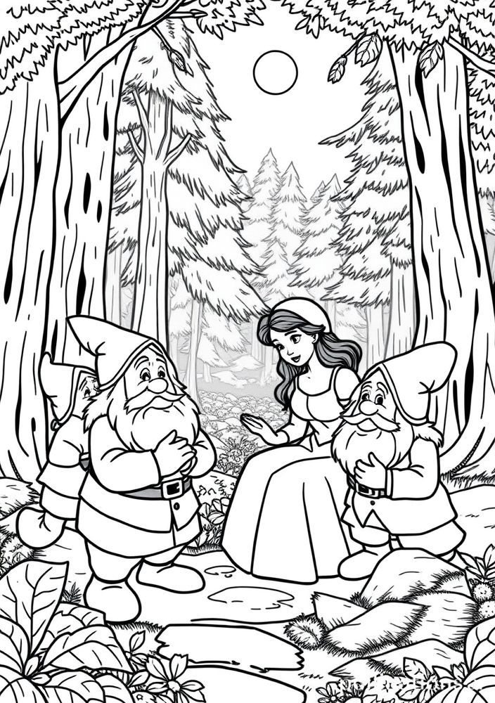 Desenho da Branca de Neve com os sete anões para colorir