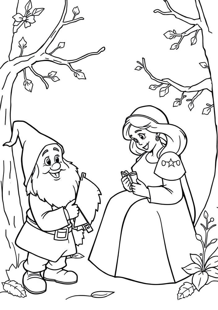 Desenho da Branca de Neve com os sete anões para colorir