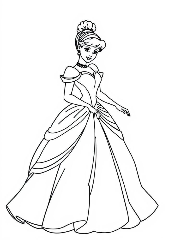 Desenho da Cinderela com seu vestido elegante para colorir
