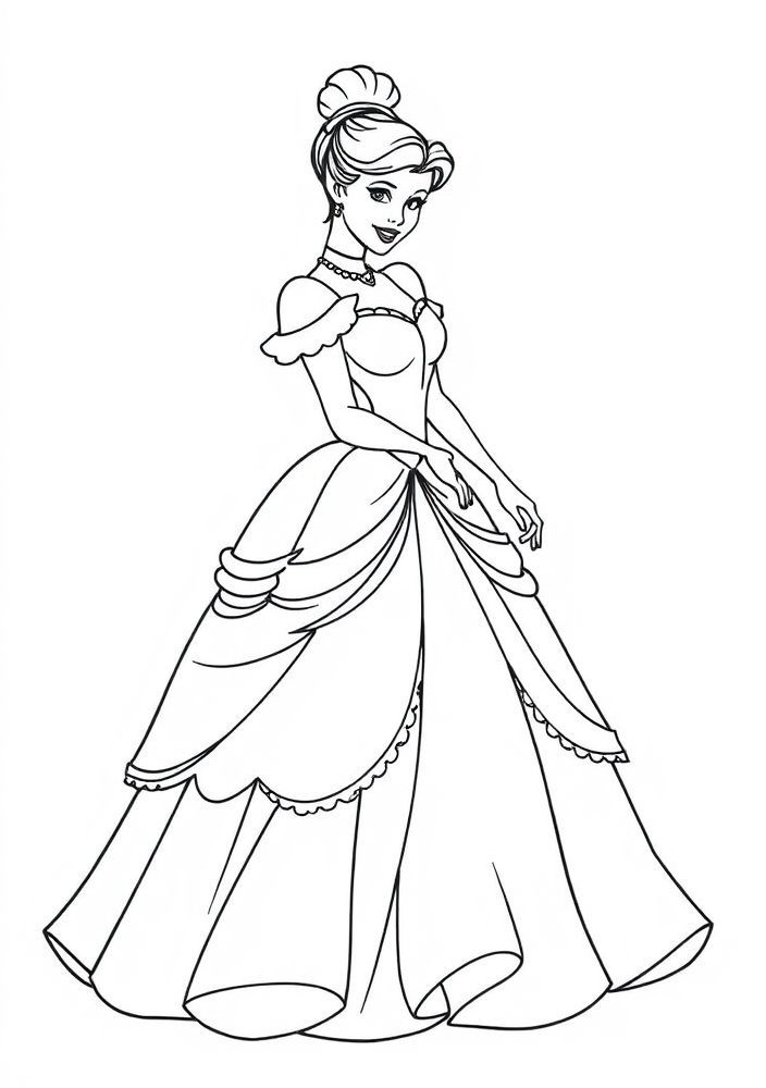 Desenho da Cinderela em seu vestido de baile para colorir
