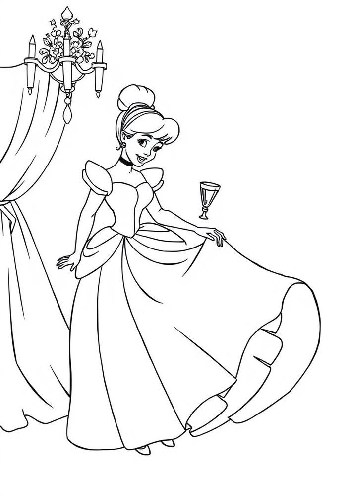 Desenho da Cinderela fugindo do baile com sapatinho de cristal para colorir
