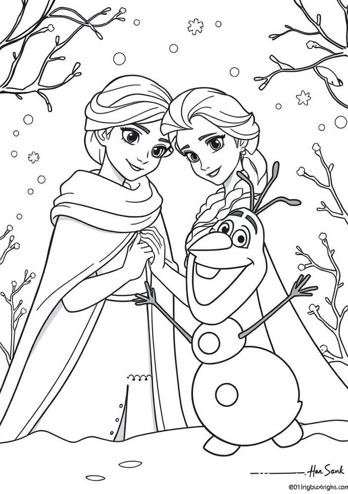 Desenho da Elsa com a neve e Olaf para colorir