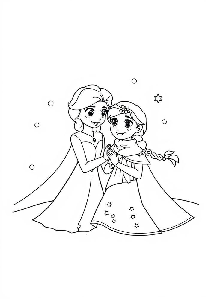 Desenho da Elsa e Ana se divertindo na neve para colorir