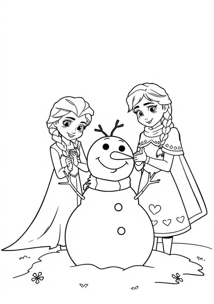 Desenho da Elsa e Anna construindo um boneco de neve para colorir