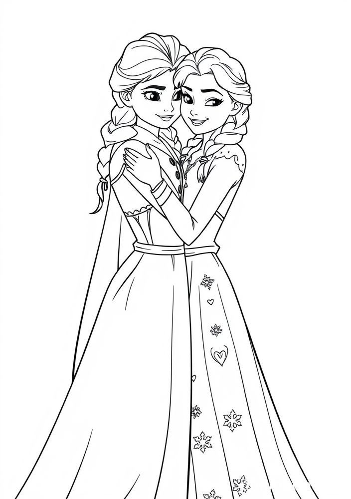 Desenho da Elsa e Anna em um abraço feliz para colorir