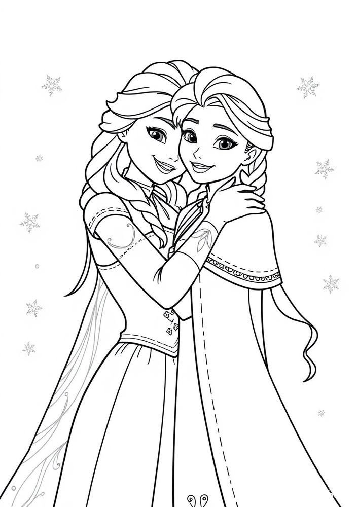 Desenho da Elsa e Anna em um abraço fraternal para colorir
