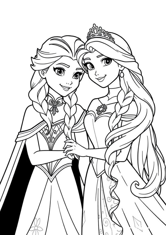 Desenho da Elsa e Rapunzel juntas para colorir