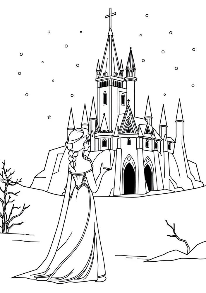 Desenho da Elsa em uma cena de inverno com um castelo de gelo para colorir