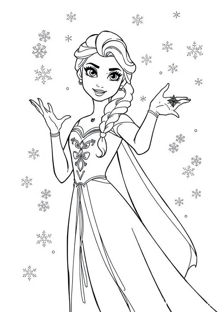 Desenho da Elsa em uma pose elegante com flocos de neve para colorir