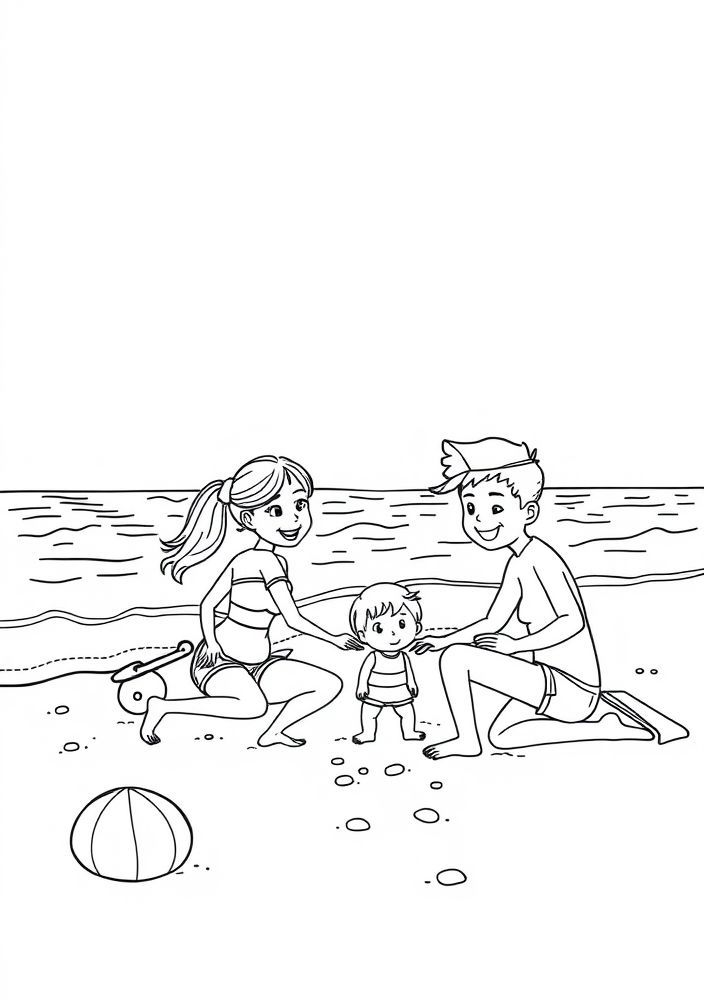 Desenho da Família na Praia para colorir