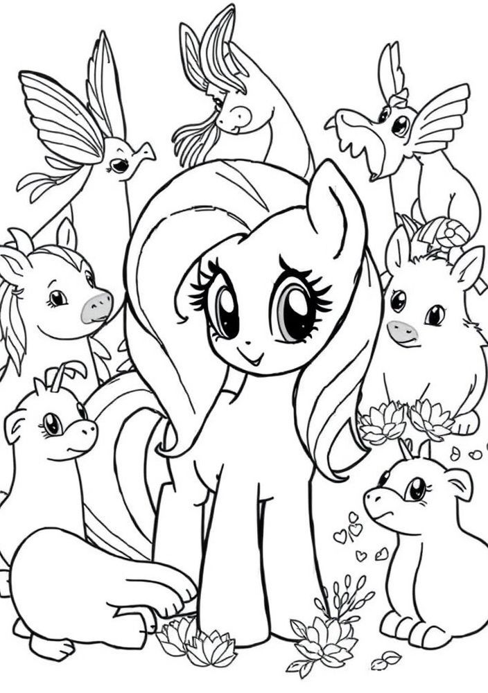 Desenho da Fluttershy cuidando dos animais para colorir