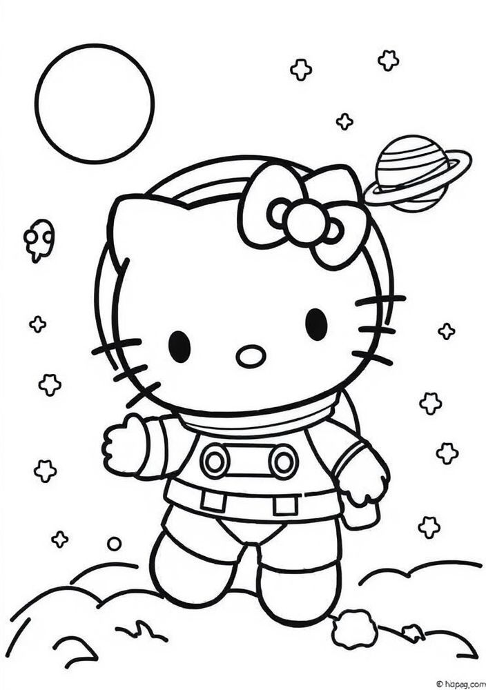 Desenho da Hello Kitty astronauta explorando novos planetas para colorir