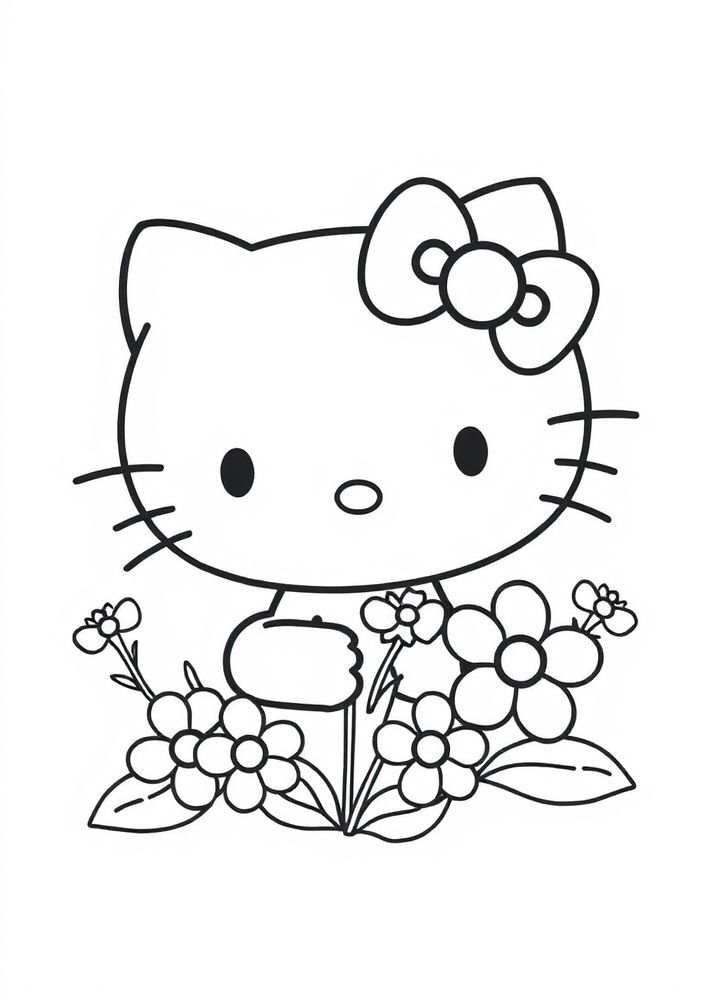 Desenho da Hello Kitty com flores para colorir