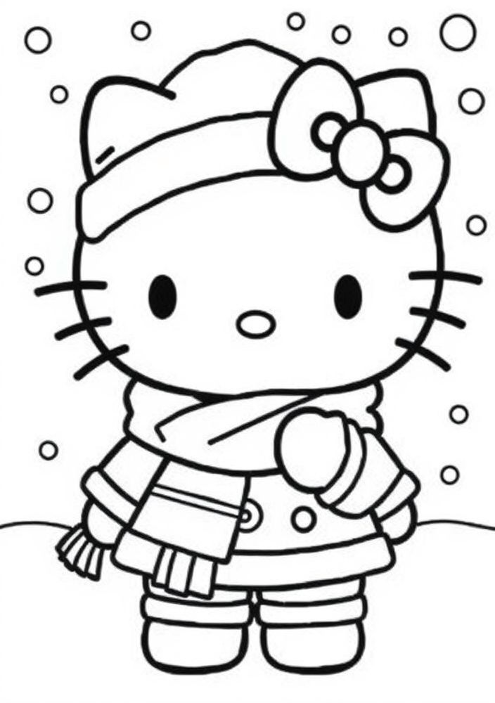 Desenho da Hello Kitty com roupas de inverno para colorir