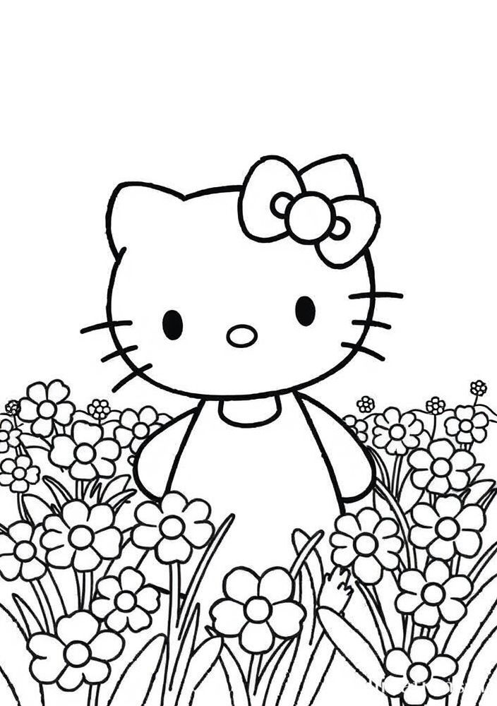 Desenho da Hello Kitty em um campo de flores para colorir