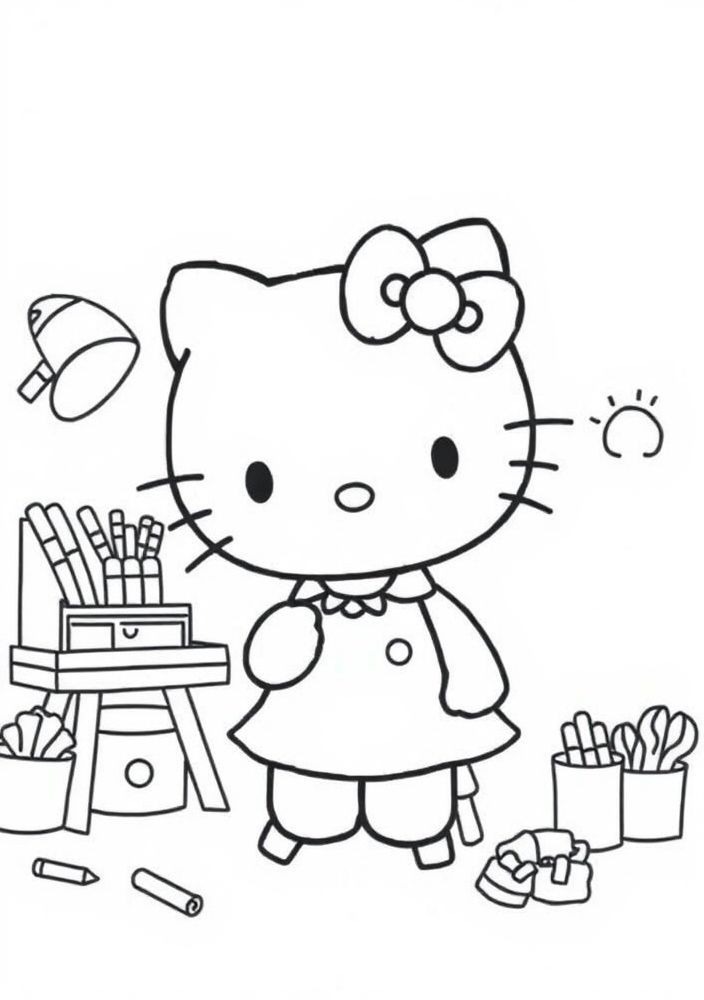 Desenho da Hello Kitty em um estúdio de arte para colorir