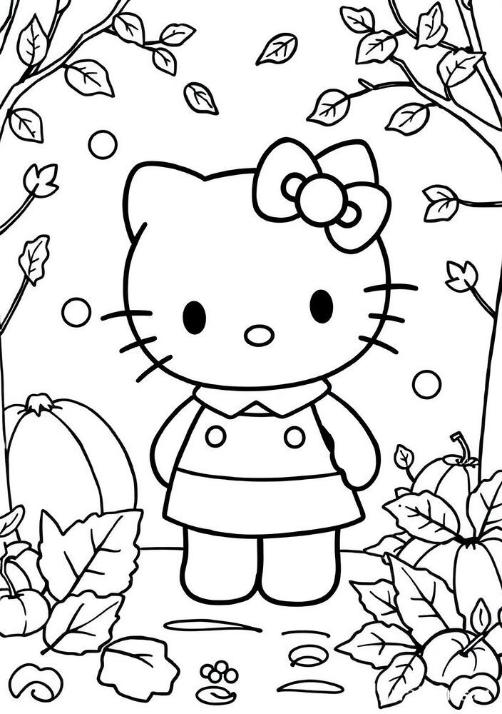 Desenho da Hello Kitty em um outono aconchegante para colorir