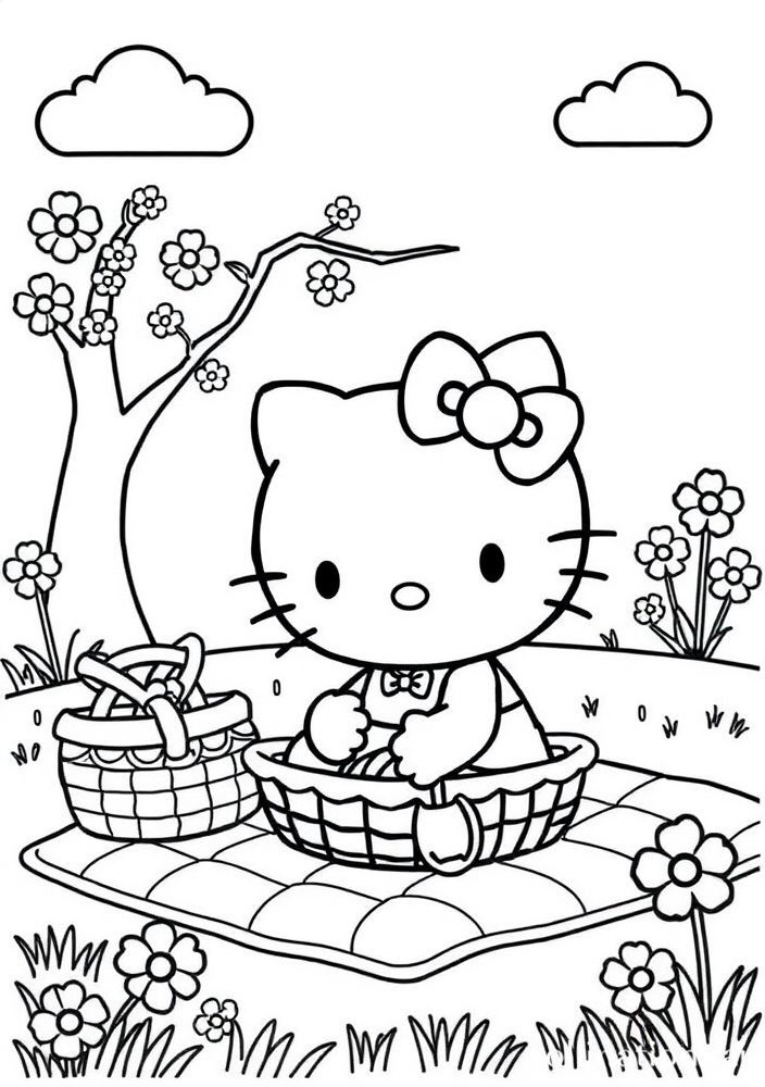 Desenho da Hello Kitty em um picnic para colorir