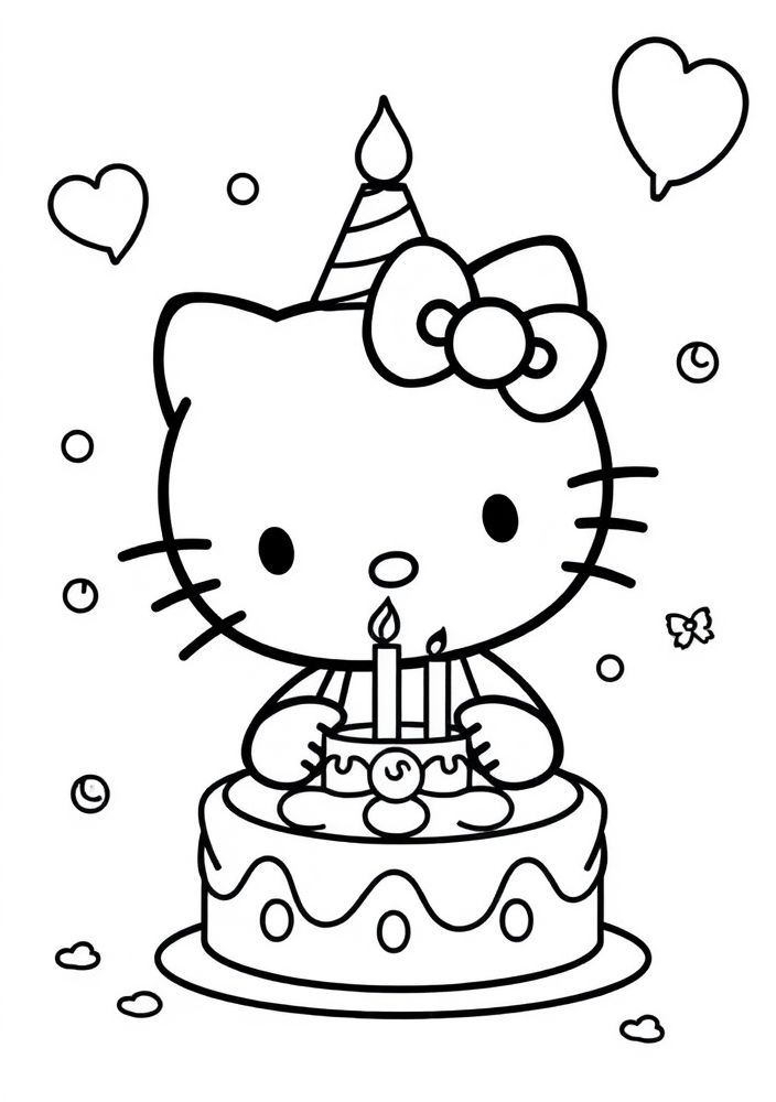 Desenho da Hello Kitty em uma festa de aniversário para colorir