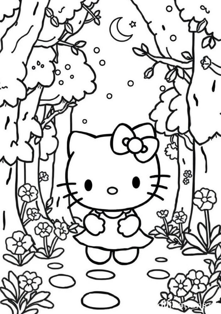 Desenho da Hello Kitty em uma floresta encantada para colorir