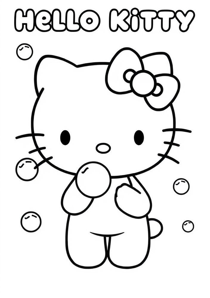 Desenho da Hello Kitty fazendo bolhas para colorir