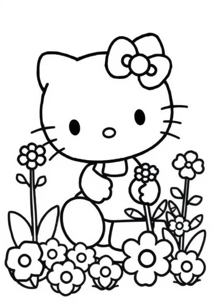 Desenho da Hello Kitty fazendo jardinagem para colorir