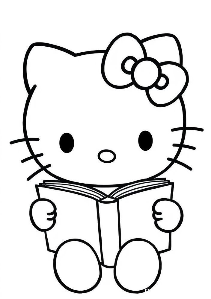 Desenho da Hello Kitty lendo um livro para colorir