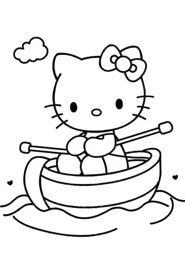 Desenho da Hello Kitty navegando em um barco para colorir