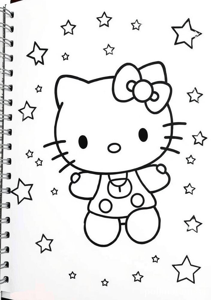 Desenho da Hello Kitty no espaço com estrelas para colorir