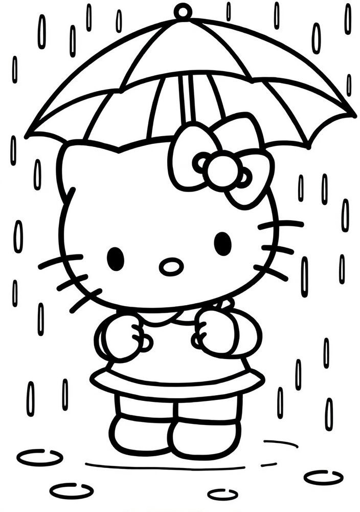 Desenho da Hello Kitty segurando um guarda-chuva na chuva para colorir