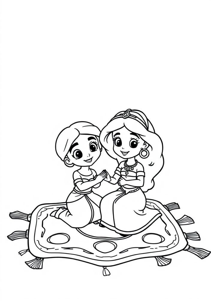 Desenho da Jasmine com Aladino no tapete mágico para colorir