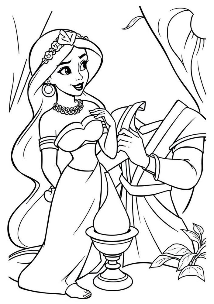 Desenho da Jasmine com o Aladdin e a lâmpada mágica para colorir
