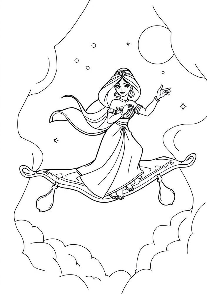 Desenho da Jasmine com o Aladino em seu tapete mágico para colorir