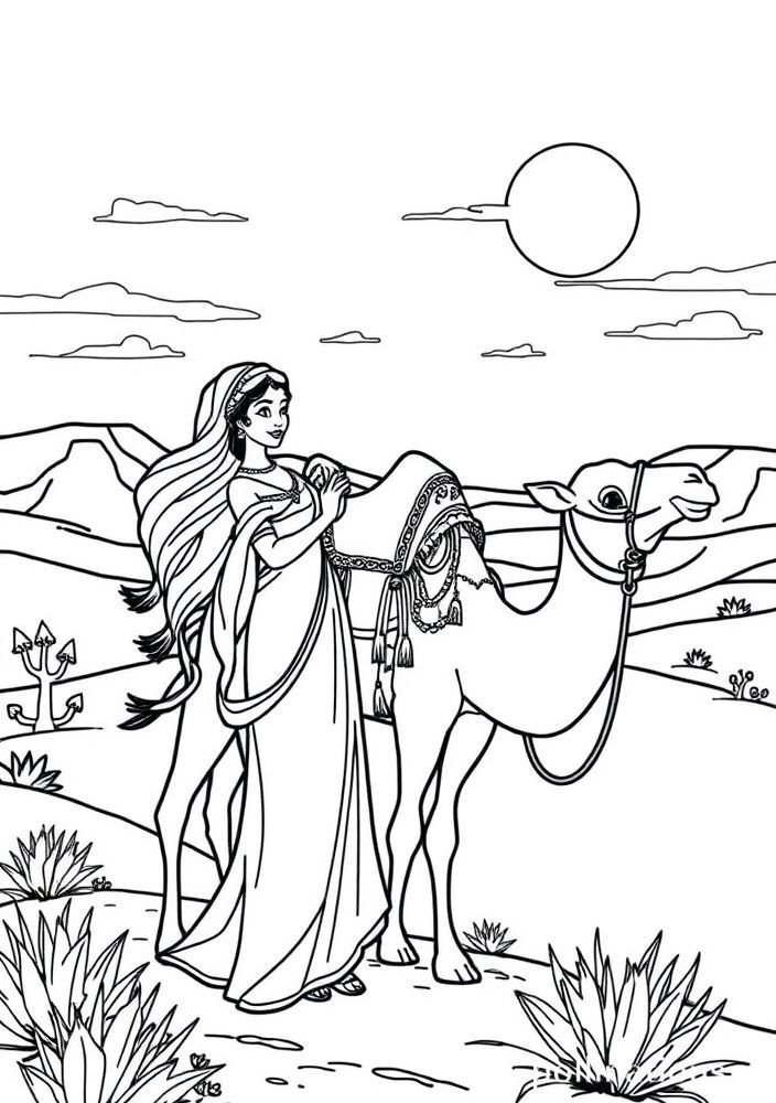 Desenho da Jasmine com um camelo no deserto para colorir