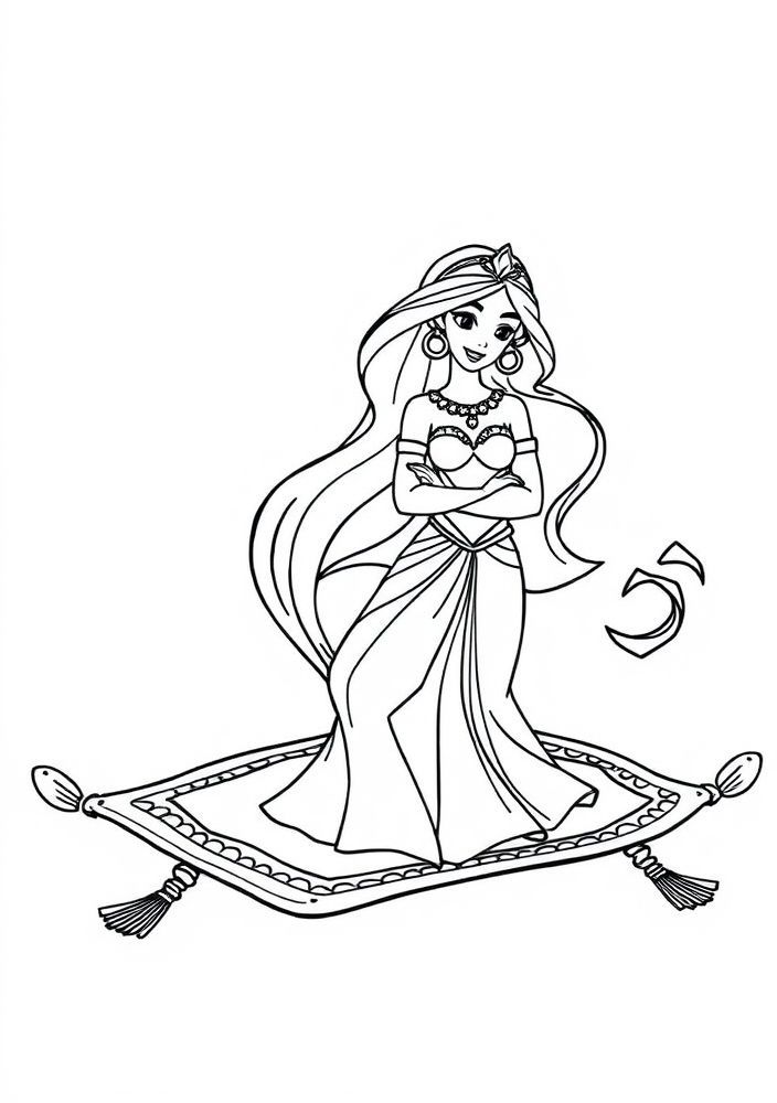Desenho da Jasmine e o Aladdin em seu tapete voador para colorir