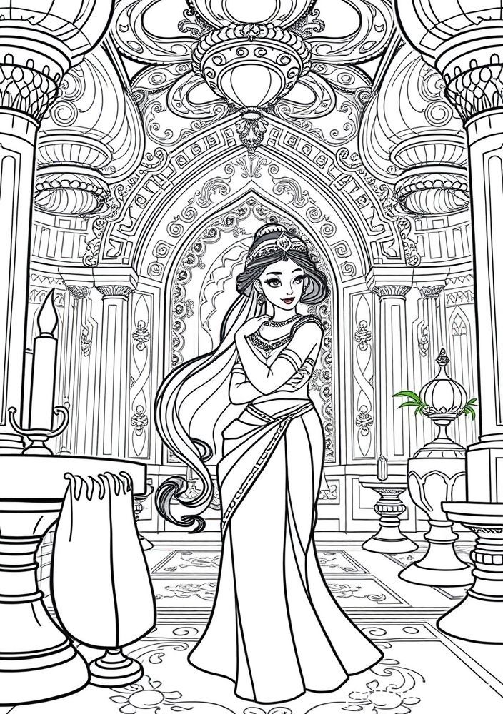 Desenho da Jasmine em seu palácio para colorir