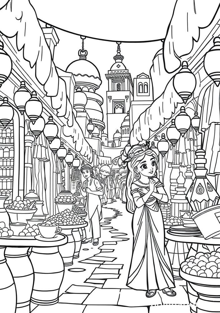 Desenho da Jasmine no mercado de Agrabah para colorir