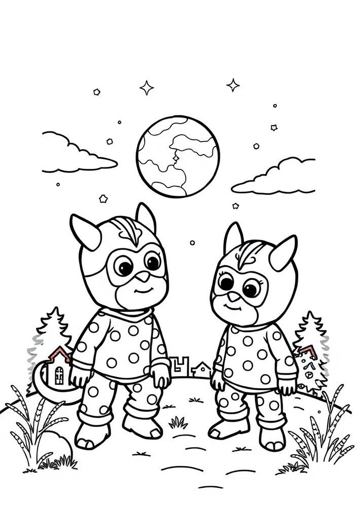 Desenho da Lua com os PJ Masks observando para colorir