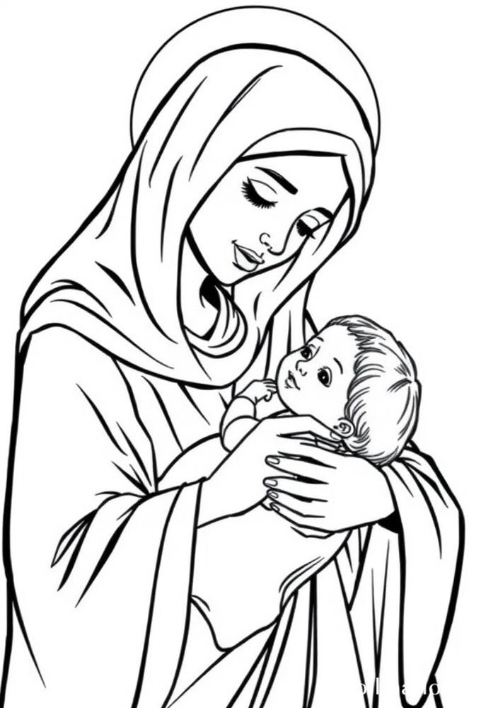 Desenho da Mãe Maria com Jesus Criança para colorir