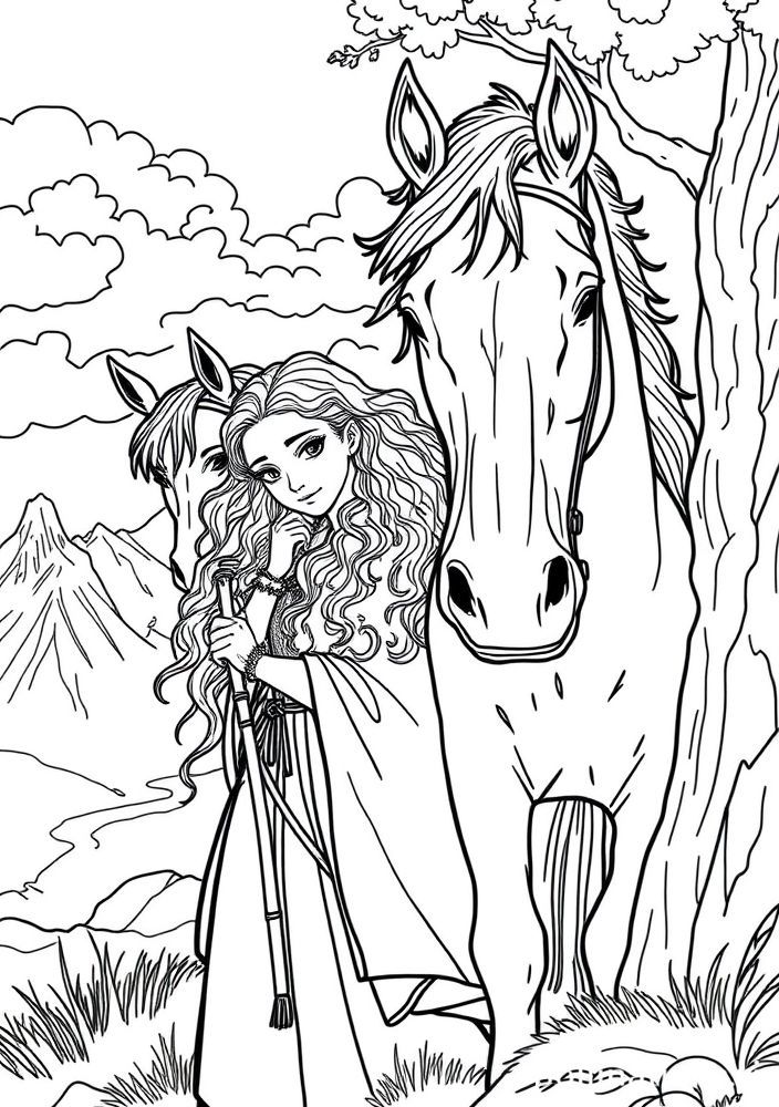 Desenho da Merida com seu cavalo Angus para colorir