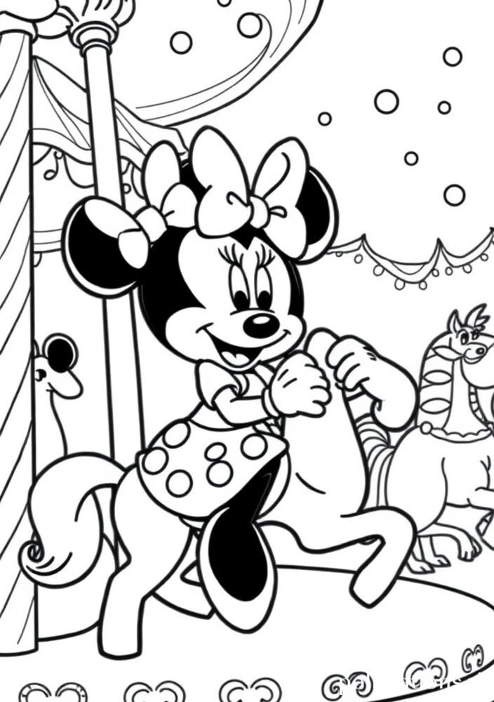 Desenho da Minnie em uma volta de carrossel para colorir