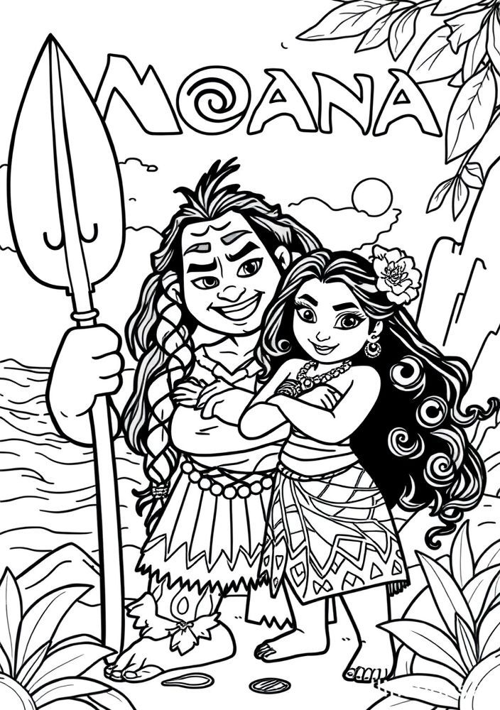 Desenho da Moana com maui para colorir
