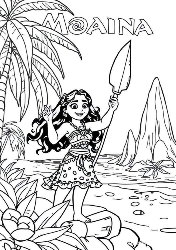 Desenho da Moana explorando uma ilha tropical para colorir
