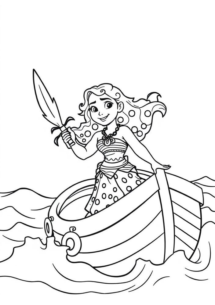 Desenho da Moana navegando em seu barco para colorir