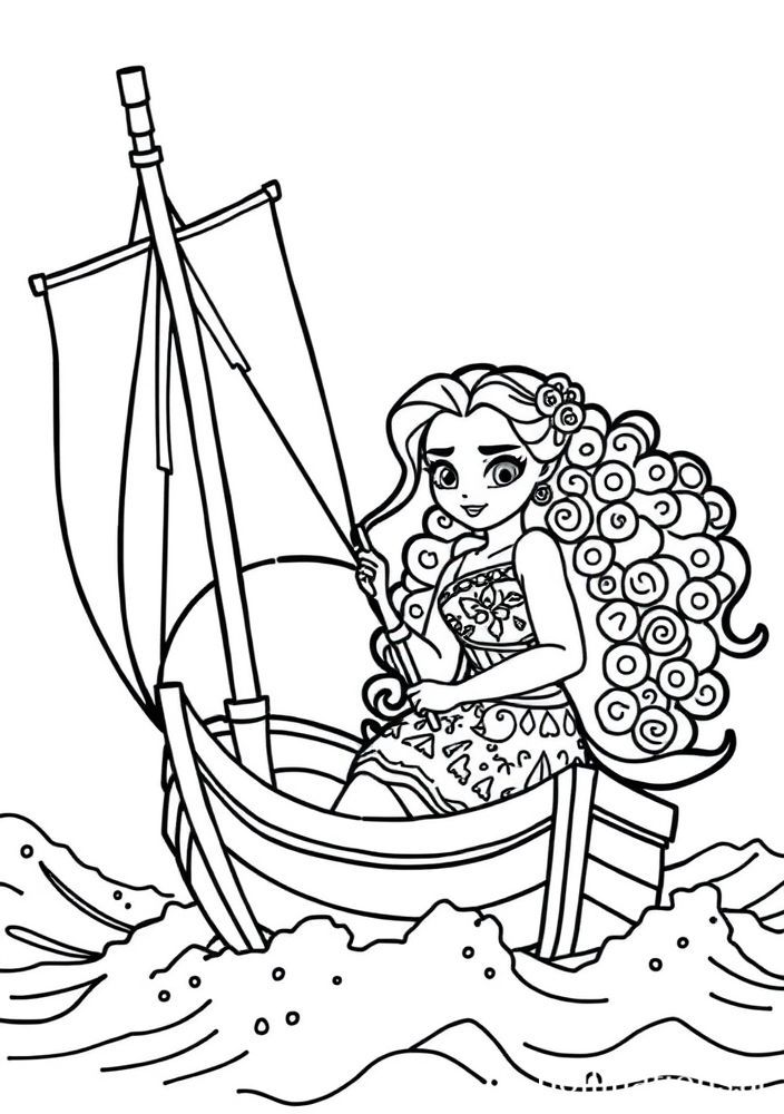 Desenho da Moana navegando pelo mar para colorir