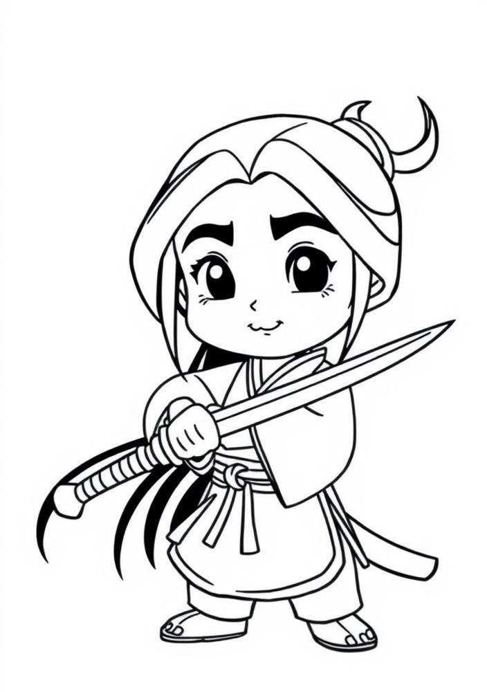 Desenho da Mulan com espada para colorir