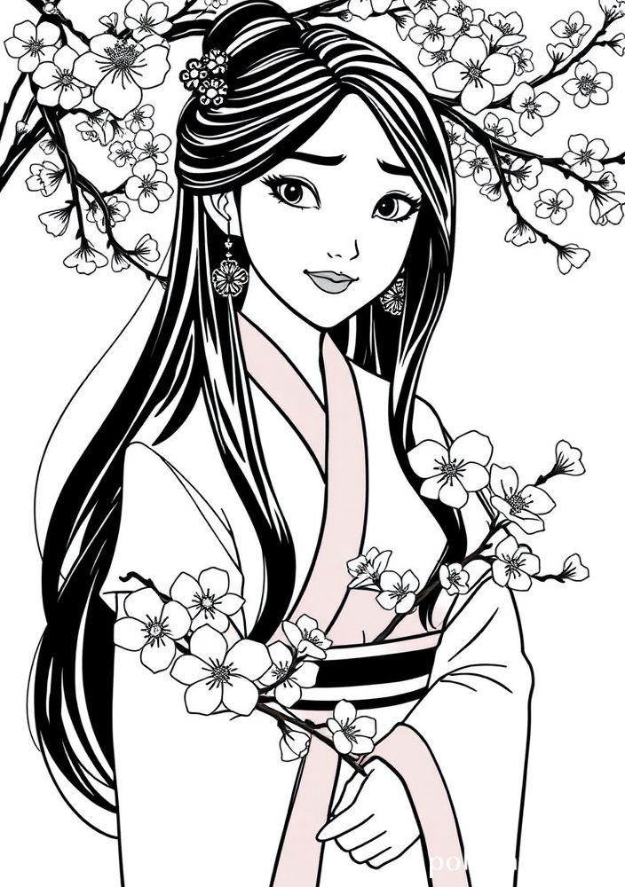 Desenho da Mulan com flores de cerejeira para colorir